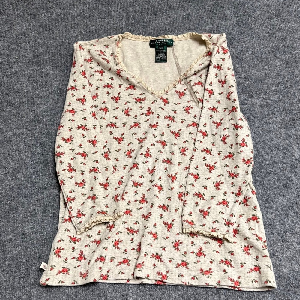 Lauren Ralph Lauren Top Womens Size PS Beige Floral Cotton Lace Trim V-Neck